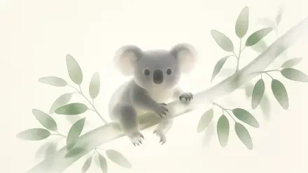 A soft watercolor koala resting among eucalyptus leaves, 4K Ultra HD PC desktop wallpaper and background.