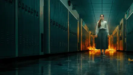 Carrie (Prime Video) 4K Ultra HD PC desktop wallpaper showing a girl in a school hallway with flames blazing behind her.