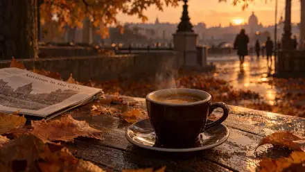 Espresso beside an open book on an autumn park bench at sunset, 4K Ultra HD PC desktop wallpaper and background.