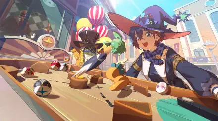 Zenless Zone Zero anime witch girl in a purple hat at a colorful game table, 5K Ultra HD PC desktop wallpaper and background.