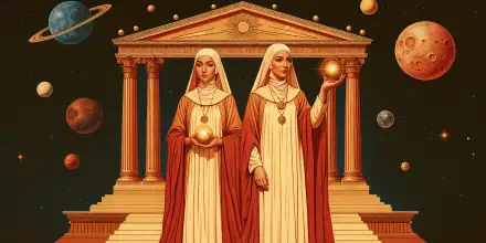 Two robed sisters stand before a classical temple among planets in a 4K Ultra HD PC desktop wallpaper and background.