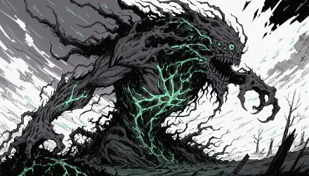 Black anime monster with glowing green veins lunging through a stormy forest, 4K Ultra HD PC desktop wallpaper.
