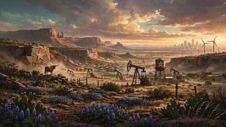 4K Ultra HD desktop wallpaper of oil pumps across a Texas desert landscape at sunset, with wildflowers, mesas, and a distant city skyline.