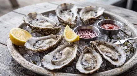 Fresh oysters on ice with lemon and sauces, featured in a 5K Ultra HD PC desktop wallpaper and background.
