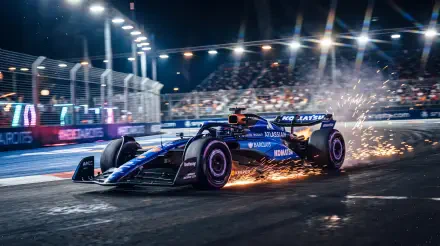 Williams FW48 F1 race car speeding through a floodlit night circuit, sparks flying, in a 5K Ultra HD PC desktop wallpaper.