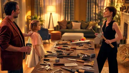 Other Mommy 4K Ultra HD PC desktop wallpaper featuring a tense family scene, a woman holding a knife, and weapons displayed on a table.