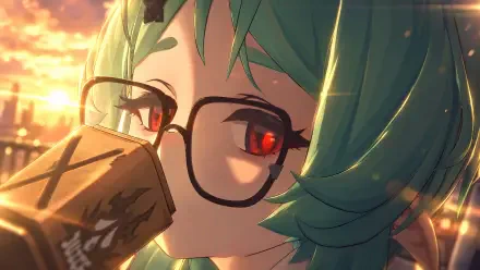 Roxy from Zenless Zone Zero in a close-up anime portrait with glasses and teal hair at sunset, 4K Ultra HD PC desktop wallpaper.