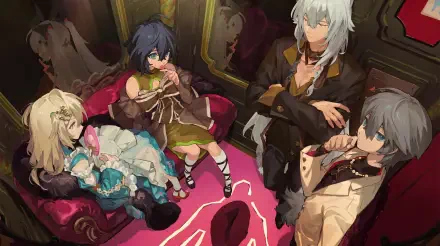 Zenless Zone Zero anime wallpaper featuring Phoenix, Severian, and friends relaxing in a richly decorated lounge, in 5K Ultra HD for PC desktops.