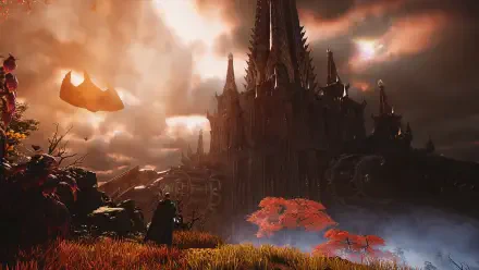 Aion 2 HD PC desktop wallpaper featuring a towering dark castle above an autumn landscape beneath a glowing sunset sky.