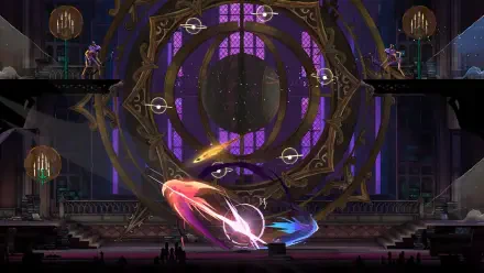 Castlevania: Belmont’s Curse HD desktop wallpaper featuring a glowing purple portal and combatants in a gothic hall.