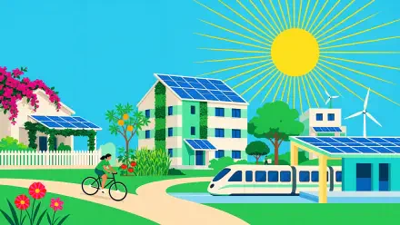 Solarpunk eco city with solar panels, wind turbines, green homes, and clean transit under a radiant sun, 4K Ultra HD desktop wallpaper.