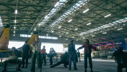 Ace Combat 8 HD PC desktop wallpaper featuring pilots and crew in a vast industrial aircraft hangar.