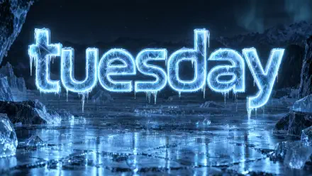Glowing blue Tuesday neon sign over an icy reflective landscape, 4K Ultra HD PC desktop wallpaper and background.