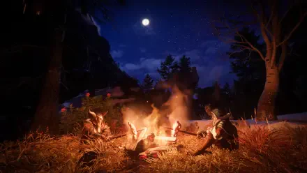 Enshrouded fantasy HD desktop wallpaper of a campfire glowing beneath the moon on a quiet night