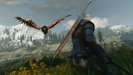 Geralt of Rivia watches an eagle soar over snowy mountains in The Witcher 3: Wild Hunt HD PC desktop wallpaper.