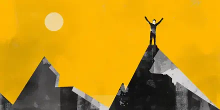 Hopeful person celebrating atop a mountain beneath a bright sun, 4K Ultra HD PC desktop wallpaper and background.