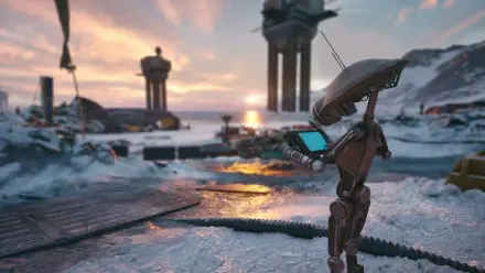 Star Wars: Galactic Racer HD PC desktop wallpaper featuring a futuristic droid at a snowy sci-fi outpost at sunset.