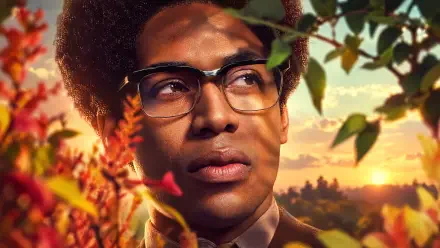 Beetee Latier from The Hunger Games in a close-up portrait with glasses, autumn foliage and sunset, 4K Ultra HD desktop wallpaper.