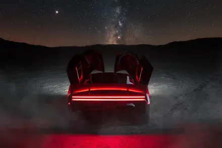 Tesla Roadster sports car with raised doors and glowing red taillights beneath a starry night sky, 2K Quad HD desktop wallpaper.