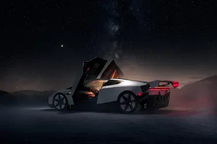 Tesla Roadster futuristic electric car on a dark night road, 2K Quad HD desktop wallpaper