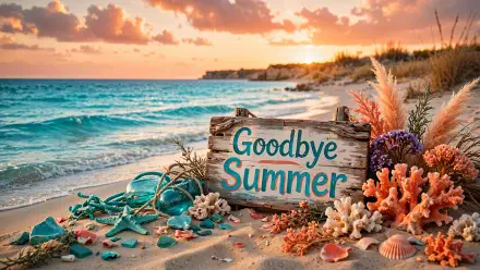 Goodbye Summer beach sign by a turquoise ocean at sunset, surrounded by seashells and coastal flowers—4K Ultra HD desktop wallpaper.
