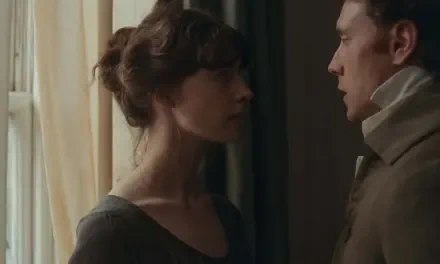 Daisy Edgar-Jones and a man face each other in a period drama scene from Sense and Sensibility, HD desktop wallpaper.