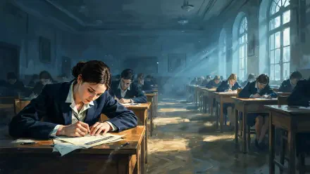 Student taking an exam in a sunlit classroom, 4K Ultra HD PC desktop wallpaper and background.