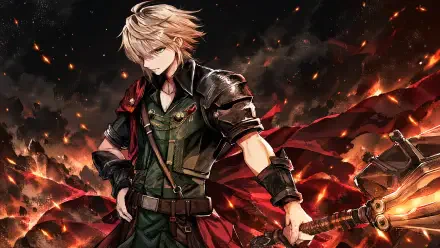 Final Fantasy Resonance warrior in dark armor amid a fiery battlefield, 4K Ultra HD PC desktop wallpaper and background.