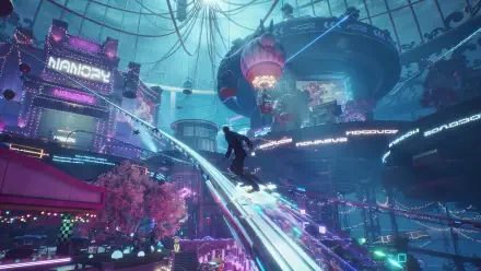 Cyberpunk futuristic cityscape with neon towers, suspended walkways, and a lone figure, HD PC desktop wallpaper and background.