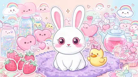 Cutecore cartoon rabbit surrounded by pastel hearts, clouds, and strawberries, 4K Ultra HD PC desktop wallpaper and background.