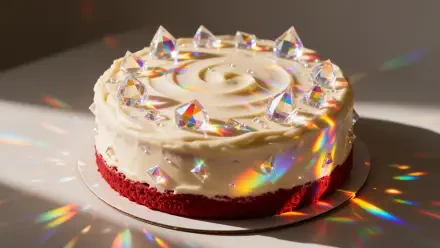 Red velvet birthday cake with creamy frosting and sparkling decorations, featured in a 4K Ultra HD desktop wallpaper background.