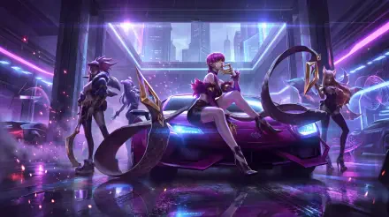 K/DA Evelynn and women beside a futuristic sports car in a neon cyberpunk city, 5K Ultra HD PC desktop wallpaper.