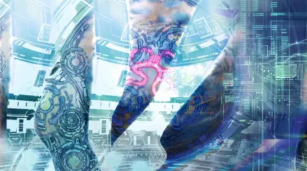 Ghost in the Shell science fiction wallpaper featuring a cybernetic figure amid glowing technology, 5K Ultra HD desktop background.