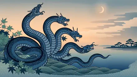 A multi-headed blue hydra dragon sea monster rises from ocean waves at dusk in this 4K Ultra HD PC desktop wallpaper and background.