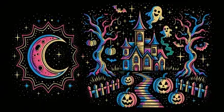 Colorful Halloween haunted house with ghosts, glowing pumpkins, crescent moon, and stars on a black background, 4K Ultra HD PC desktop wallpaper.