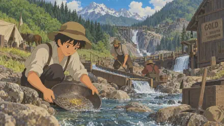 Anime gold panning on a mountain river, with miners and a scenic waterfall—4K Ultra HD PC desktop wallpaper and background.