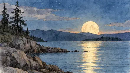 Moonrise over a mountain lake, with golden moonlight shimmering across the water in a 4K Ultra HD PC desktop wallpaper.