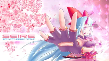 HD desktop wallpaper of a blue-haired anime girl reaching toward the viewer beneath pink sakura blossoms.