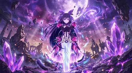 Tohka Yatogami unleashes purple magic amid shattered ruins in this 5K Ultra HD Date A Live anime girl desktop wallpaper and background.