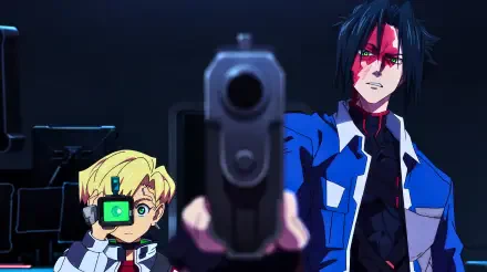 5K Ultra HD Cyberpunk: Edgerunners 2 wallpaper of Roman Carax and D, with a handgun aimed at the viewer in a neon-lit anime scene.
