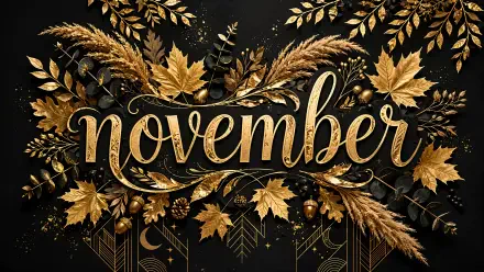 Ornate gold “November” typography framed by autumn leaves, a 4K Ultra HD desktop wallpaper with fall foliage.