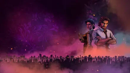 5K Ultra HD PC desktop wallpaper of Bigby Wolf overlooking a city skyline in The Wolf Among Us Remastered.