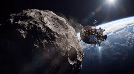 5K Ultra HD desktop wallpaper of a spacecraft approaching a rugged asteroid above Earth in deep space.
