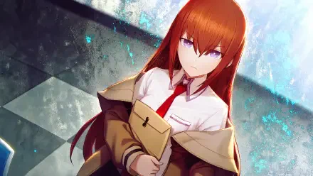 Kurisu Makise from Steins;Gate, a red-haired anime girl in a white shirt and tan coat, featured in a 4K Ultra HD PC desktop wallpaper.