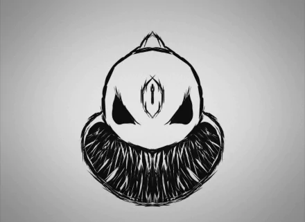 An abstract black design features a central figure with striking eyes and intricate detailing, creating an intriguing HD desktop wallpaper and background.