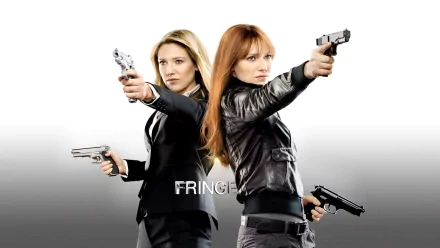 HD desktop wallpaper featuring two female characters from the TV show Fringe, both aiming handguns in opposite directions against a white-to-gray gradient background.