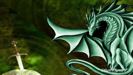 HD PC desktop wallpaper/background: fantasy scene of a green dragon looming over a gleaming sword embedded in a stone.