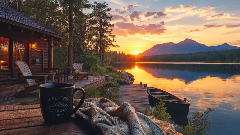 {{ Weekend getaway — 4K Ultra HD PC desktop wallpaper and background: sunset over a tranquil lake with a cabin, wooden dock, canoe, blanket and mug reflecting on glassy water and distant mountains.