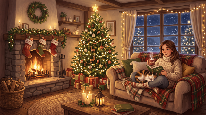 {{ Cozy Christmas living room scene — 5K Ultra HD PC desktop wallpaper: woman reading on sofa with cat, lit tree, stockings, fireplace and presents by a snowy window.