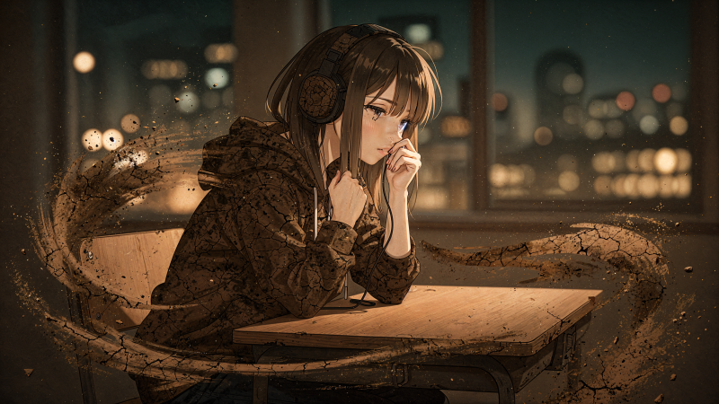 {{ Sad lofi girl in headphones at a desk by a rainy city window, pensive expression and glowing skyline — 4K Ultra HD PC desktop wallpaper.